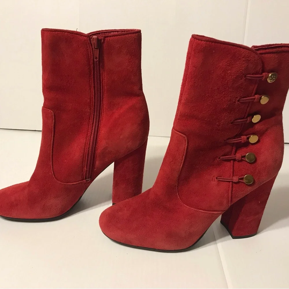 GUESS red suede ankle boots block heel zip up size 7 M - Picture 3 of 12